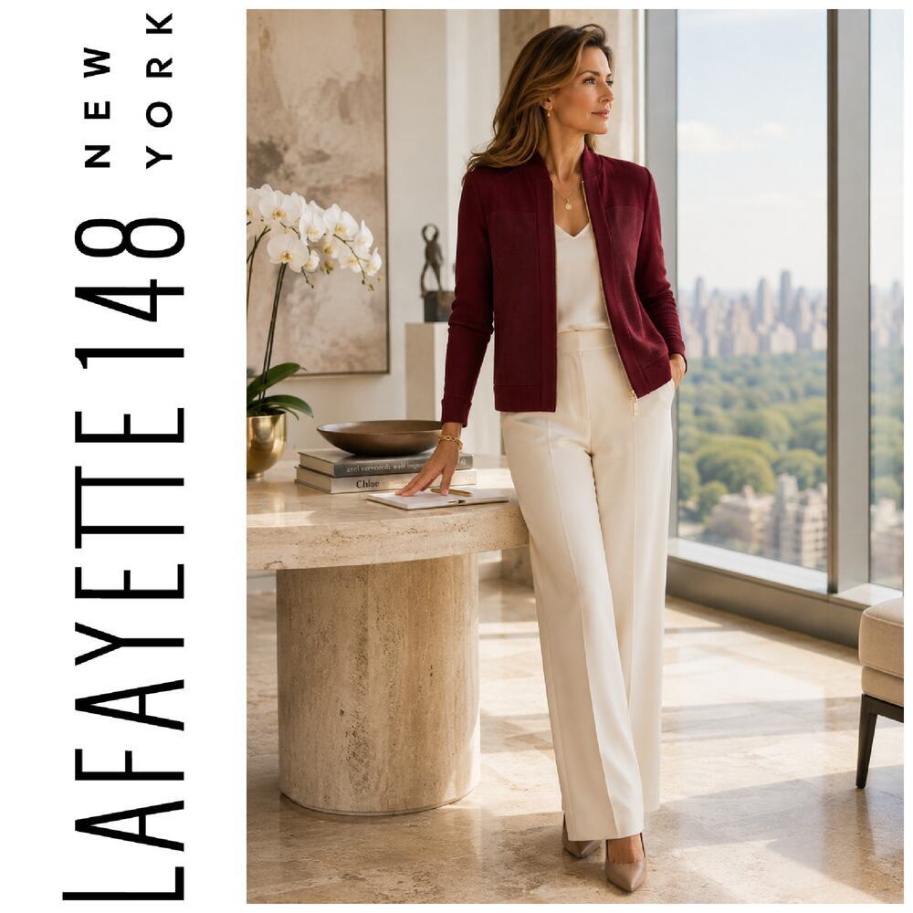 NWT Lafayette 148 Shiraz 100% Wool Knit Zip Jacket EU38 US2 Burgundy Career